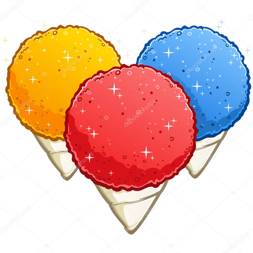 A trio of red cherry, blue raspberry and yellow lemon snow cone frozen desserts cartoon vector illustration