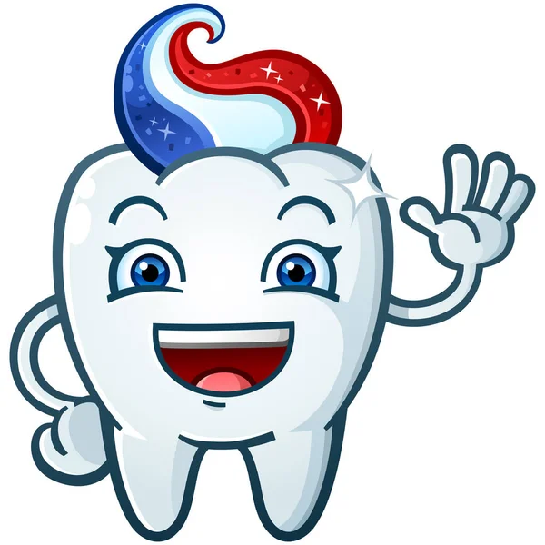 Happy Sparkling Smiling Tooth Cartoon Character Waving Happily Gel Toothpaste — Stock vektor