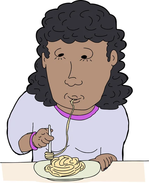 Kvinna sörplande spaghetti — Stock vektor