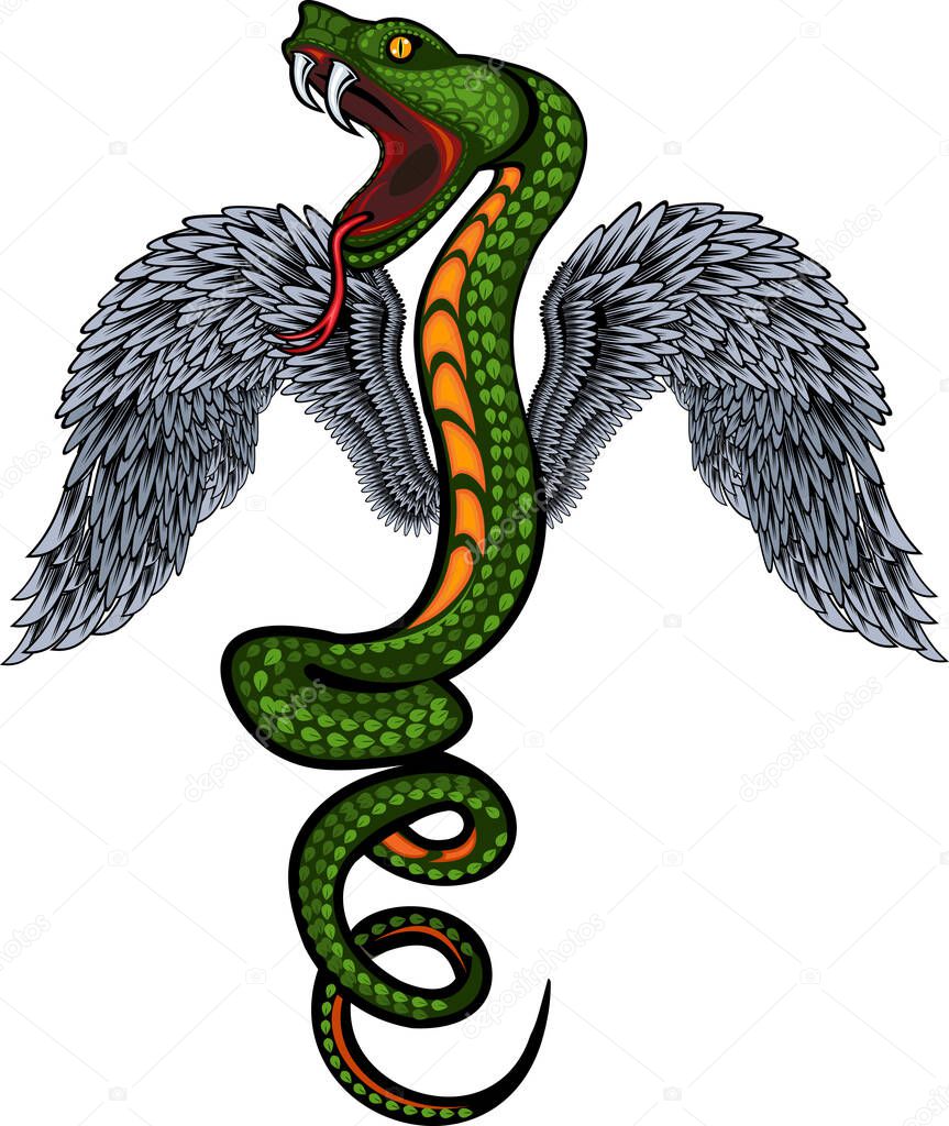 Viper snake. Colorful Tattoo design. snake with wings