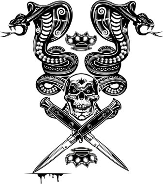 Yılan Dövmeli Kobra Kafatası ve Hançer