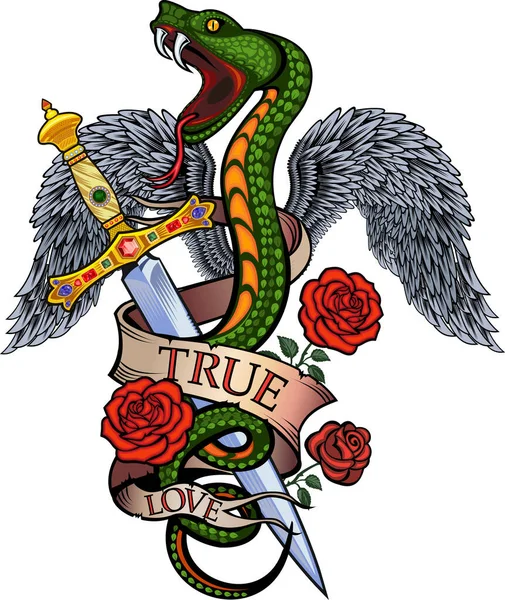 Serpente Víbora Desenho Tatuagem Colorido Serpente Com Asas — Vetor de Stock