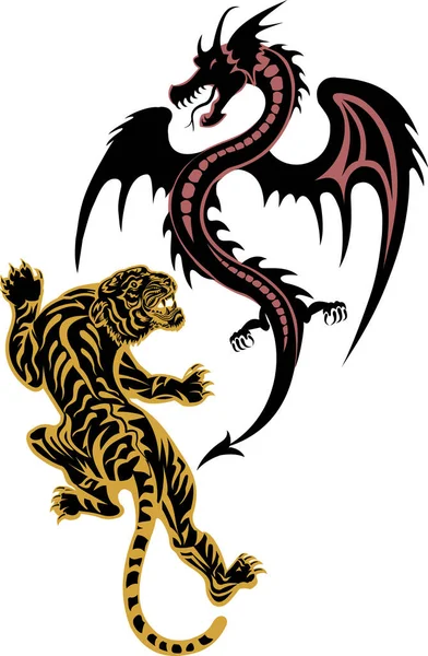 Black Silhouette Tigre Combate Dragão Tatuagem Isolada Fundo Branco — Vetor de Stock