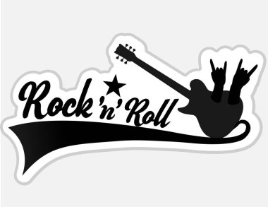 Rock 'n' roll - afiş, logo, amblem, etiket veya tasarım öğesi. Elektro gitarlı yaratıcı harfler. 