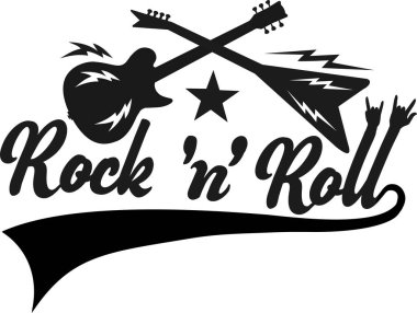 Rock 'n' roll - afiş, logo, amblem, etiket veya tasarım öğesi. Elektro gitarlı yaratıcı harfler. 