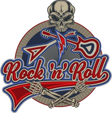 Rock 'n' roll - afiş, logo, amblem, etiket veya tasarım öğesi. Elektro gitarlı yaratıcı harfler.