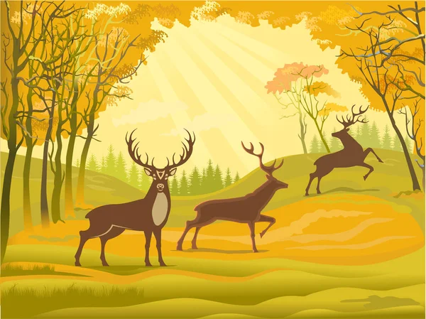 秋の森の中で釣り人と鹿の背中 — ストックベクタ
