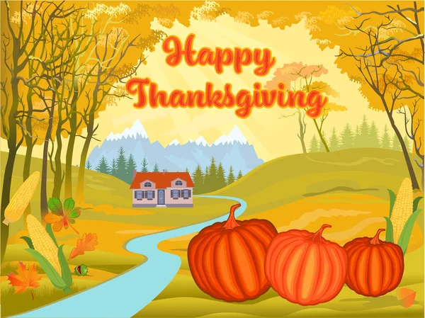 Happy Thanksgiving Text Pumpkins Corn Leaves — Stock Vector