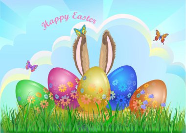 Mutlu Paskalya kartpostalları. Evde yumurta kokulu tavşan sepeti