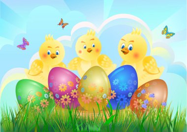 Mutlu Paskalya kartpostalları. Sarı Paskalya tavuğu ve yumurta sepeti.