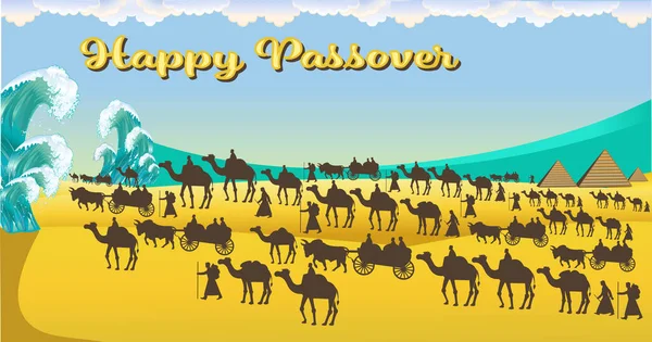 Jewish holiday banner template for Passover holiday. Group of People with Camels Caravan Riding in Realistic Wide Desert Sands in Middle East.