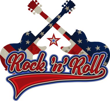 Rock 'n' roll - afiş, logo, amblem, etiket veya tasarım öğesi. Elektro gitarlı yaratıcı harfler. 