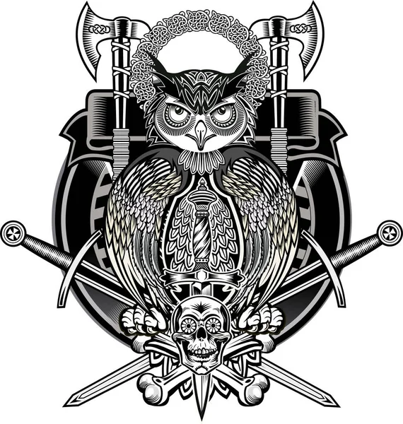 Beautiful Line Drawing Tattoo Design Owl Holding Dagger Illustration Tattoo — Stock Vector