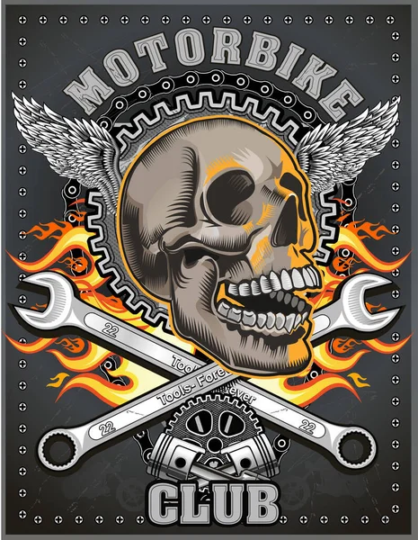 Vintage Biker Skull Emblem Κλου Μοτοσικλέτας — Διανυσματικό Αρχείο