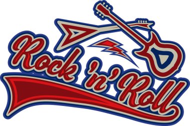 Rock 'n' roll - afiş, logo, amblem, etiket veya tasarım öğesi. Elektro gitarlı yaratıcı harfler.