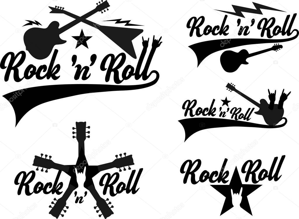 Rock 'n' roll - banner, logo, emblem, label or design element. Creative lettering with an electric guitar. 