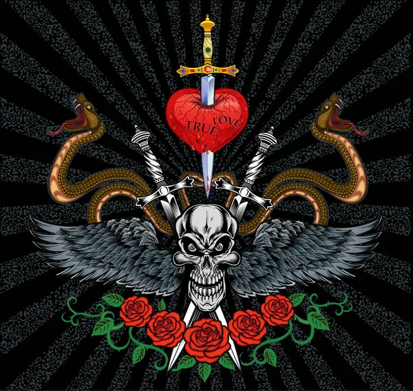 用玫瑰和翅膀描绘人的死亡骷髅 — 图库矢量图片