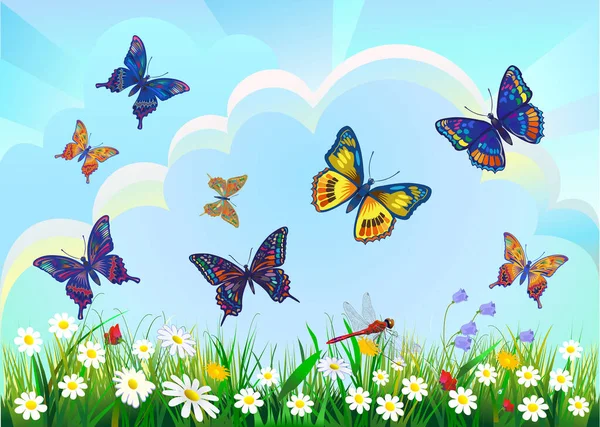 Летнее Весеннее Поле Фоне Голубого Неба Солнцем Летающей Бабочкой — стоковый вектор