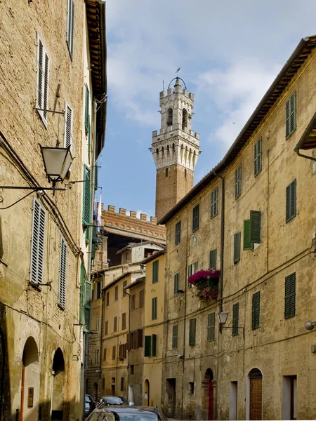 Antigua calle de Sinea con torre de Mangia en el fondo. Siena, Italia — Foto de Stock