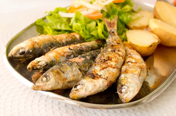 Grilled sardines with mediterranean salad and boiled potatoes. — Stock Photo, Image