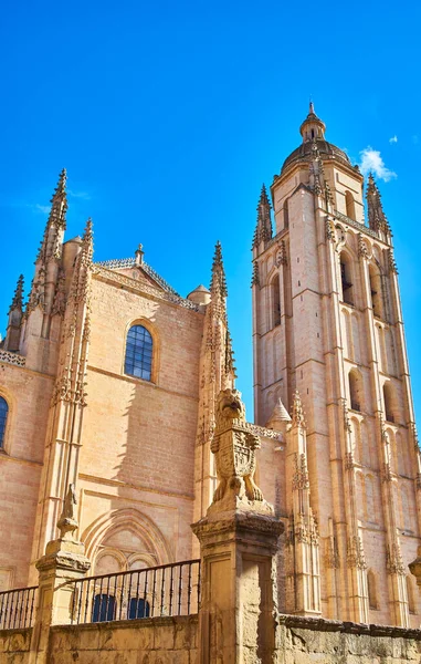 Main Facade Segovia Cathedral Belfry Gate Santa Maria Background Pillar — Stock Photo, Image