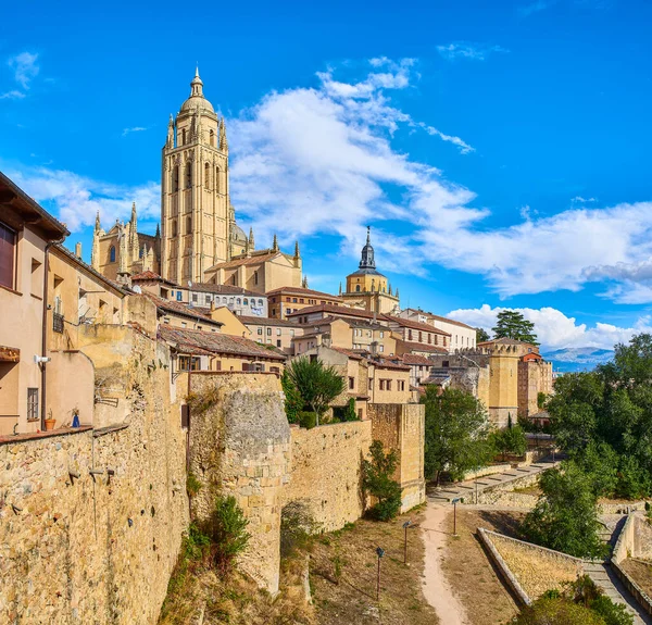 Wall Old Town Segovia Bell Tower Cathedral Background View Segovia — Stock Photo, Image