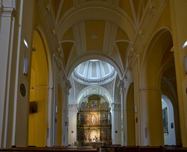 Guadalajara, İspanya - 19 Kasım 2021. Santa Maria de la Fuente Belediye Eşbaşkanı Katedrali 'nin ana kaynağı. Arka planda kubbe ve sunak var. Guadalajara, İspanya.