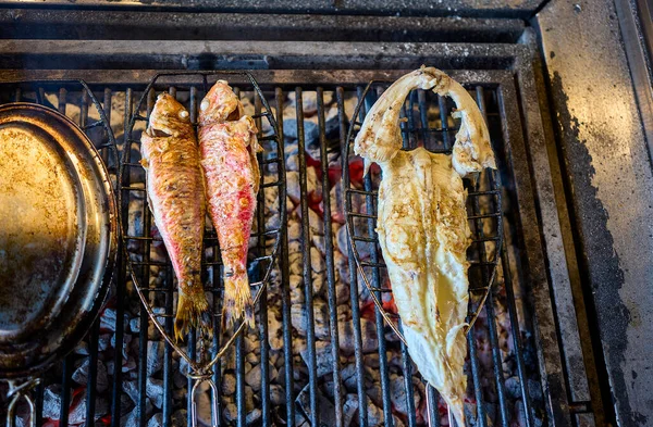 Red Mullets Monkfish Charcoal Grill — Stock Photo, Image