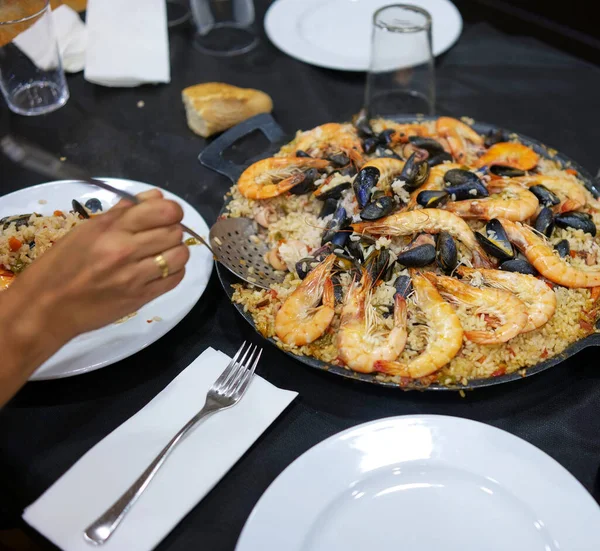 Diner Serving Paella One Most Typical Recipe Spain — 스톡 사진