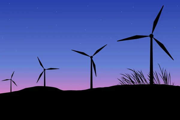 绿色能源概念 背景为日落的风电涡轮机轮廓景观 矢量和图解设计 — 图库矢量图片