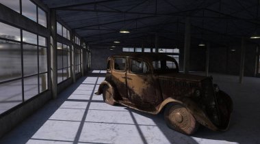 Terk edilmiş garajda antika bir araba. Terk edilmiş depoda eski, paslı bir araba. 3B görüntüleme.