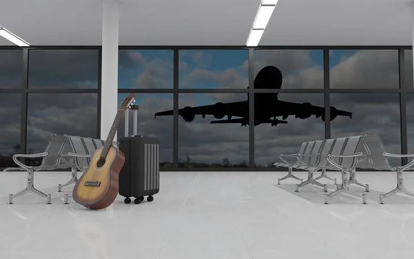 Suitcase Guitar Airport Lobby Travel Concept Rendering Image — Stock Photo, Image