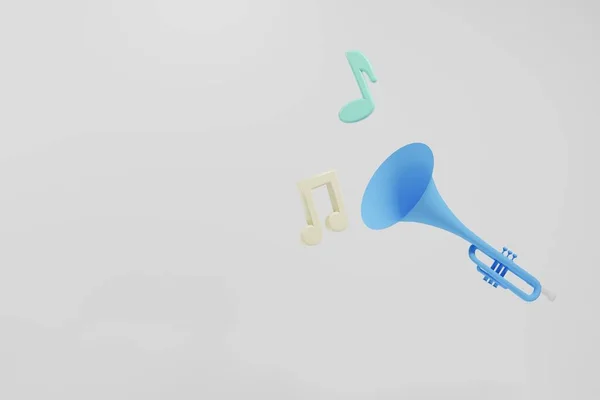 Trumpet Music Note White Background Blue Trumpet Copy Space Rendering — Stockfoto