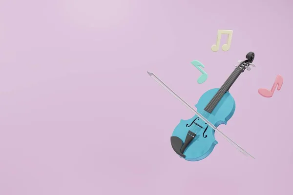 Violin Och Noter Rosa Bakgrund Musikalisk Mall Blå Fiol Med — Stockfoto