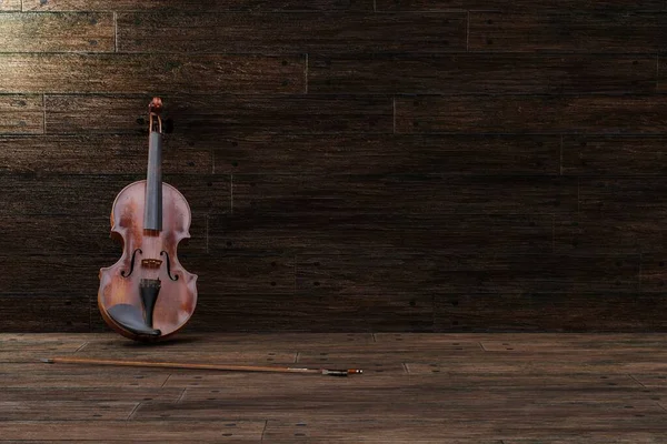 Violin Trägolv Bakgrund Mall För Musikinstrument Vintage Violin Med Kopieringsutrymme — Stockfoto