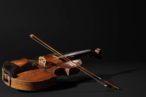 黑色背景的乡村小提琴 乐器模板 带有复制空间的复古小提琴 — 图库照片