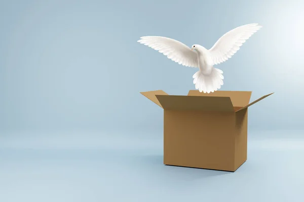 White Dove Flying Out Cardboard Blue Background Rendering Image — Foto Stock