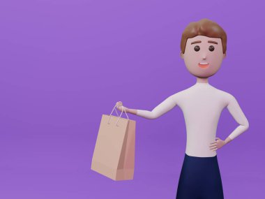 Alışveriş çantası tutan üç boyutlu karakter. Elinde alışveriş çantasıyla mor arka planda duran genç bir adam. 3d resimleme.