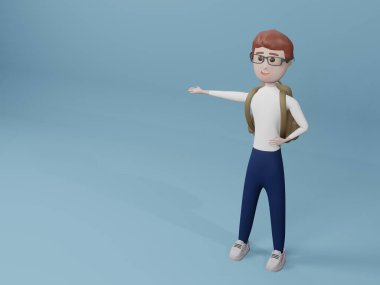 Sırt çantalı çizgi film karakteri adam elini kaldırıyor. Mavi arka planda elini kaldıran adam. 3d resimleme.