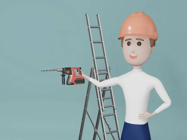 Cartoon character service man holding electric driller. Industrial worker man standing with ladder on green background. 3d rendering image.