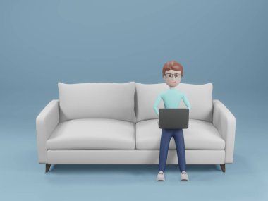 Mutlu gülümseyen genç adam kanepede oturuyor ve bilgisayarını evde kullanıyor. 3B görüntüleme.