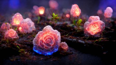 Luminous roses in the forest. Fabulous fairytale outdoor garden and moonlight background. 3D rendering image.