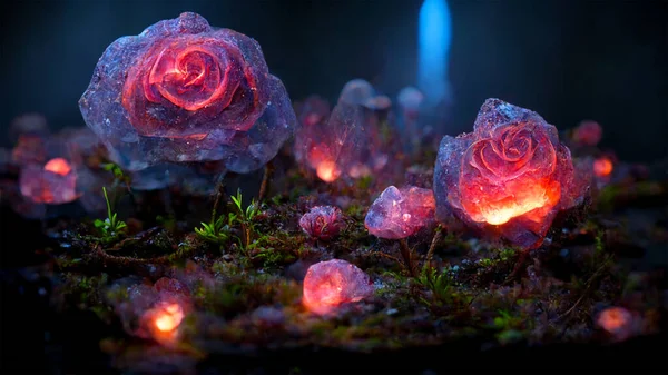 Luminous Roses Forest Fabulous Fairytale Outdoor Garden Moonlight Background Rendering — Stock fotografie