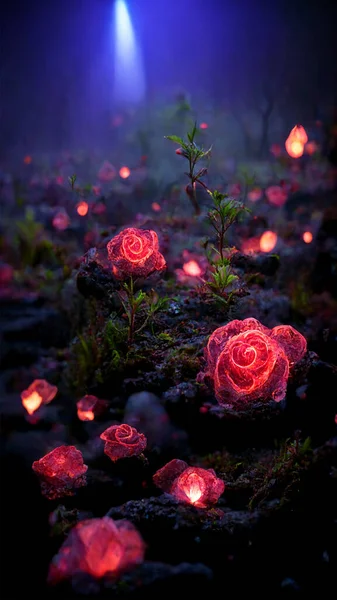 Fantasy fairy tale background with forest and blooming pink roses flower on the ground. Fabulous fairytale outdoor garden and moonlight background. 9:16 phone wallpaper. 3D rendering image.