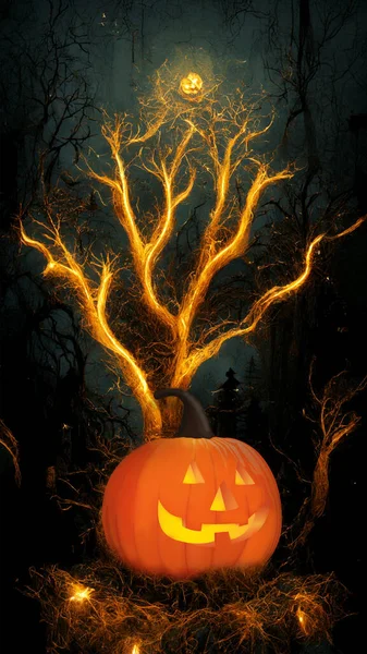 Jack O Lantern in dark forest. Spooky pumpkins and tree background. Halloween backdrop. 9:16 phone wallpaper. 3D rendering image.
