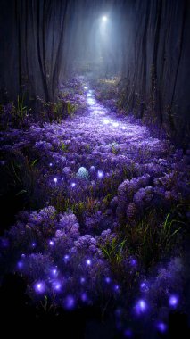 Fantasy fairy tale background with purple garden and blooming lavender field. Fabulous fairytale outdoor lavender garden and moonlight background. 9:16 phone wallpaper. 3D rendering image.