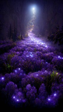 Fantasy fairy tale background with purple garden and blooming lavender field. Fabulous fairytale outdoor lavender garden and moonlight background. 9:16 phone wallpaper. 3D rendering image.