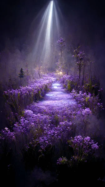 Fantasy fairy tale background with purple garden and blooming lavender field. Fabulous fairytale outdoor lavender garden and moonlight background. 9:16 phone wallpaper. 3D rendering image.