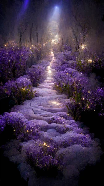 Fantasy fairy tale background with purple garden and blooming lavender field. Fabulous fairytale outdoor lavender garden and moonlight background. 9:16 phone wallpaper. 3D rendering image.