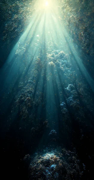 Абстрактная Пропасть Фоне Моря Коралловый Риф Водой Солнечными Лучами Рендеринг — стоковое фото